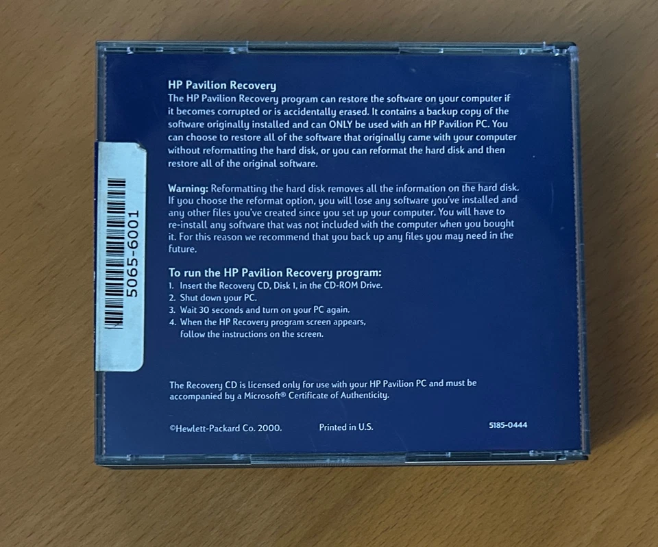HP Pavillion Recovery Software (2000 Hewlett Packard 5185-0444)  NEW SEALED - Image 2 of 3