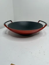 Le Creuset Cast Iron Wok Red 11” Matte Black Interior France *No Lid* GUC