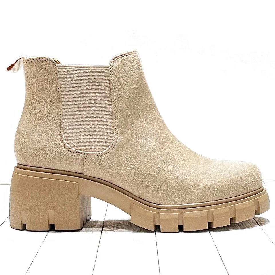 Nuevo Mujer Trigo Beige Chelsea Plataforma Tacón Grueso Botines Botines Foto 2 de 4