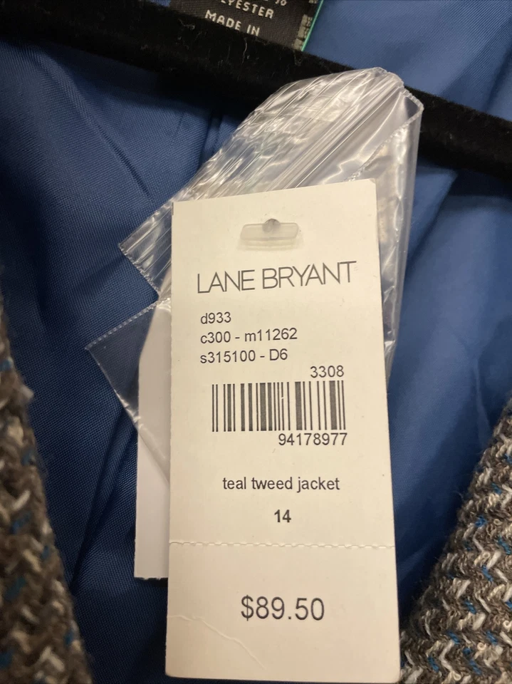 NUEVO CON ETIQUETAS Chaqueta Blazer Lane Bryant Azul Marrón Otoño Tweed Recortada Forrada Manga 3/4 14 Foto 3 de 4