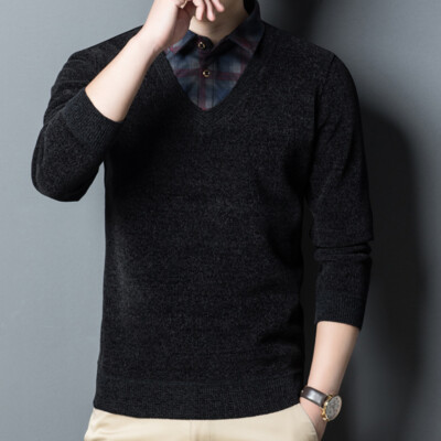 Herren Pullover Warm Gefüttert Chenille Strick Top Falsche Zwei