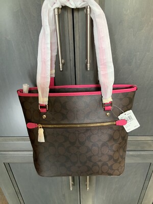 Women's COACH Signature Zip Top Tote Handbag. F34603. IM/Brown