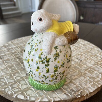 Vintage Easter Decor Bunny On Egg Candy Dish Container Hand Painted Ceramic 