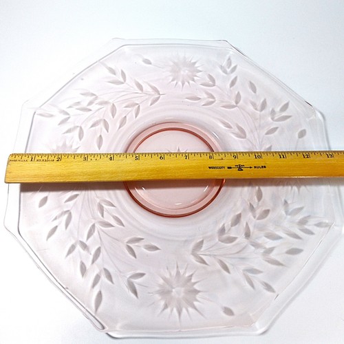 Standard Glass SWEET SIXTEEN Platter Cake Plate PINK Glass Etch Flowers & Leaves - Picture 5 of 5