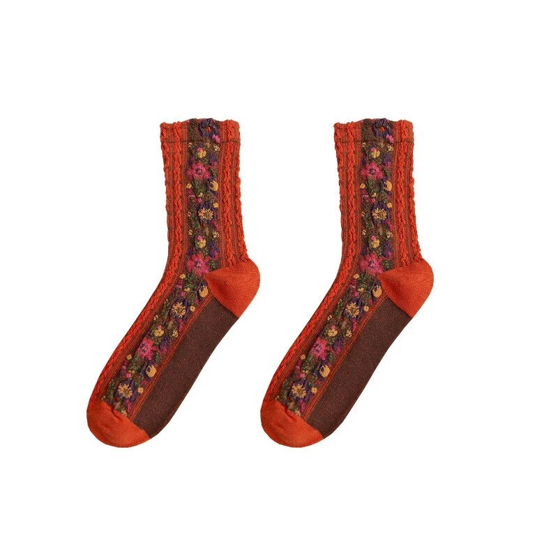 5 Pairs Women Cotton Flower Mid Calf Stretch Elastic Sports Floral Crew Socks - Image 3 of 4