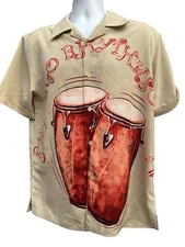 THE HAVANA CO MEN'S S/S camp Button SHIRT Medium BONGO RHYTHMS music