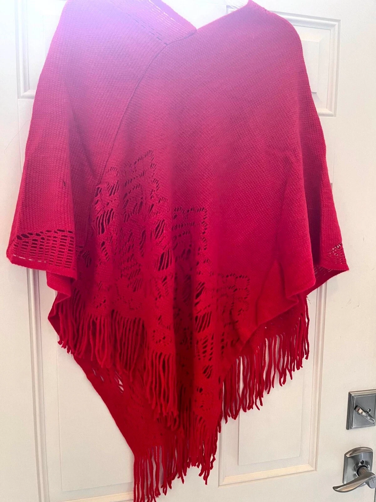 Women's Red Poncho Sweater with Tassels Knitted Shawl Scarf Pullover