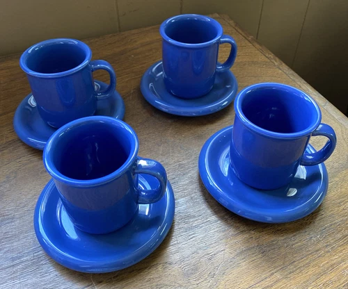 4 Crown Corning Japan Blue Coffee Mug Cup & Saucer Set Pottery Espresso 3”