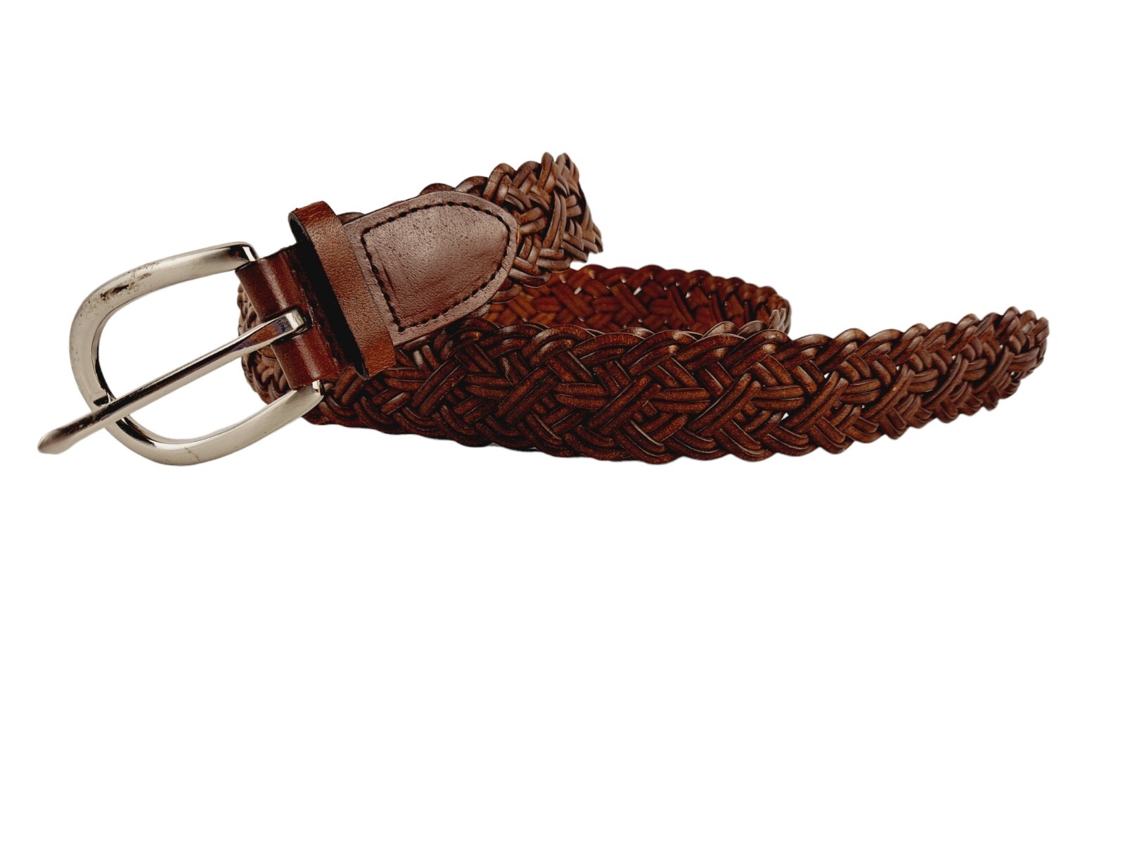 Leather Belt Woven Design Unisex Sz 36 Brown Silver Buckle-image