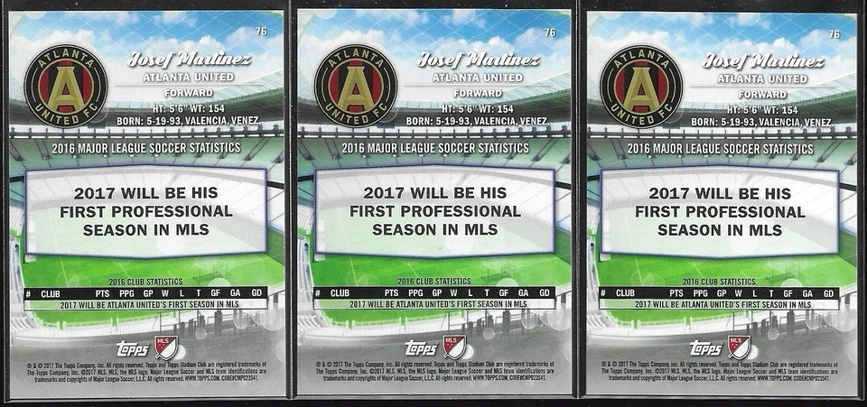 2017 Topps Stadium Club MLS Josef Martinez #76 RC Base & Parallel LOT (x3) - Image 2 of 2