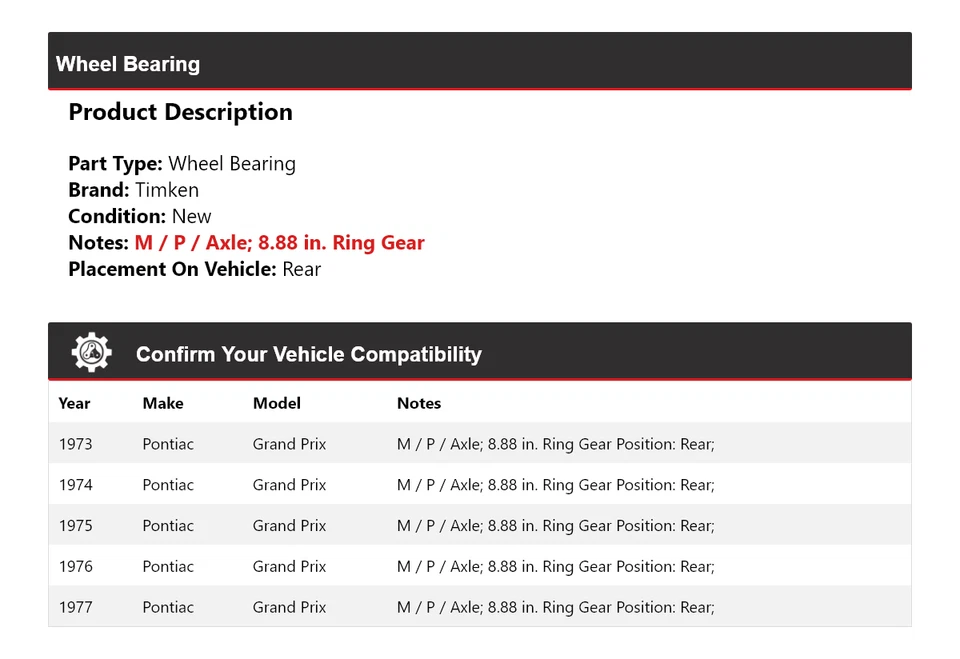 For 1973-1977 Pontiac Grand Prix Wheel Bearing Rear Timken 1974 1975 1976 - Image 2 of 4