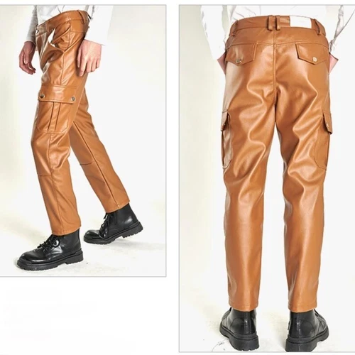 Men Faux Leather Trousers with Pockets Motorcycle Biker Pants Slim Punk Rock - Bild 4 von 24
