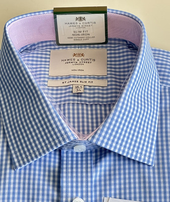 Hawes & Curtis Shirt St James 16.5 /34 Slim Fit Long Sleeve Gingham Striped NWT