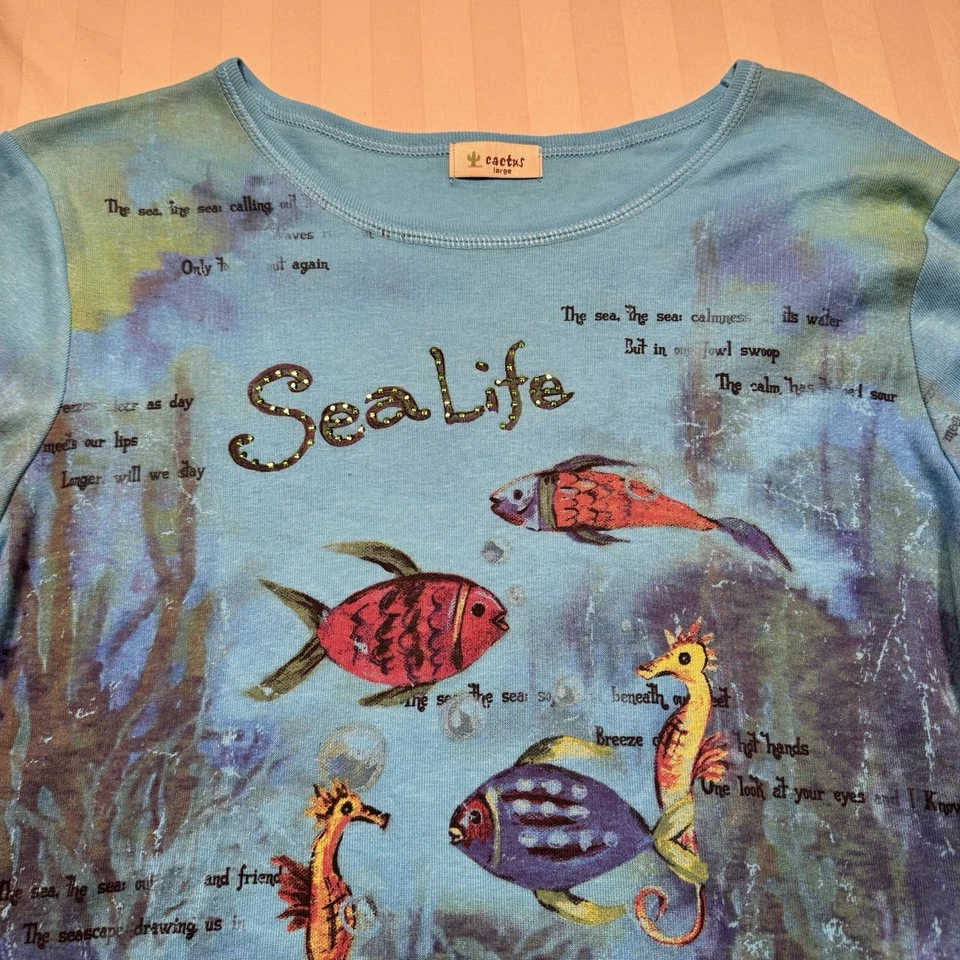 Camisa Cactus Bay Mujer Grande Manga 3/4 Sea Life Pez Estrás Hecha en EE. UU. Foto 2 de 4