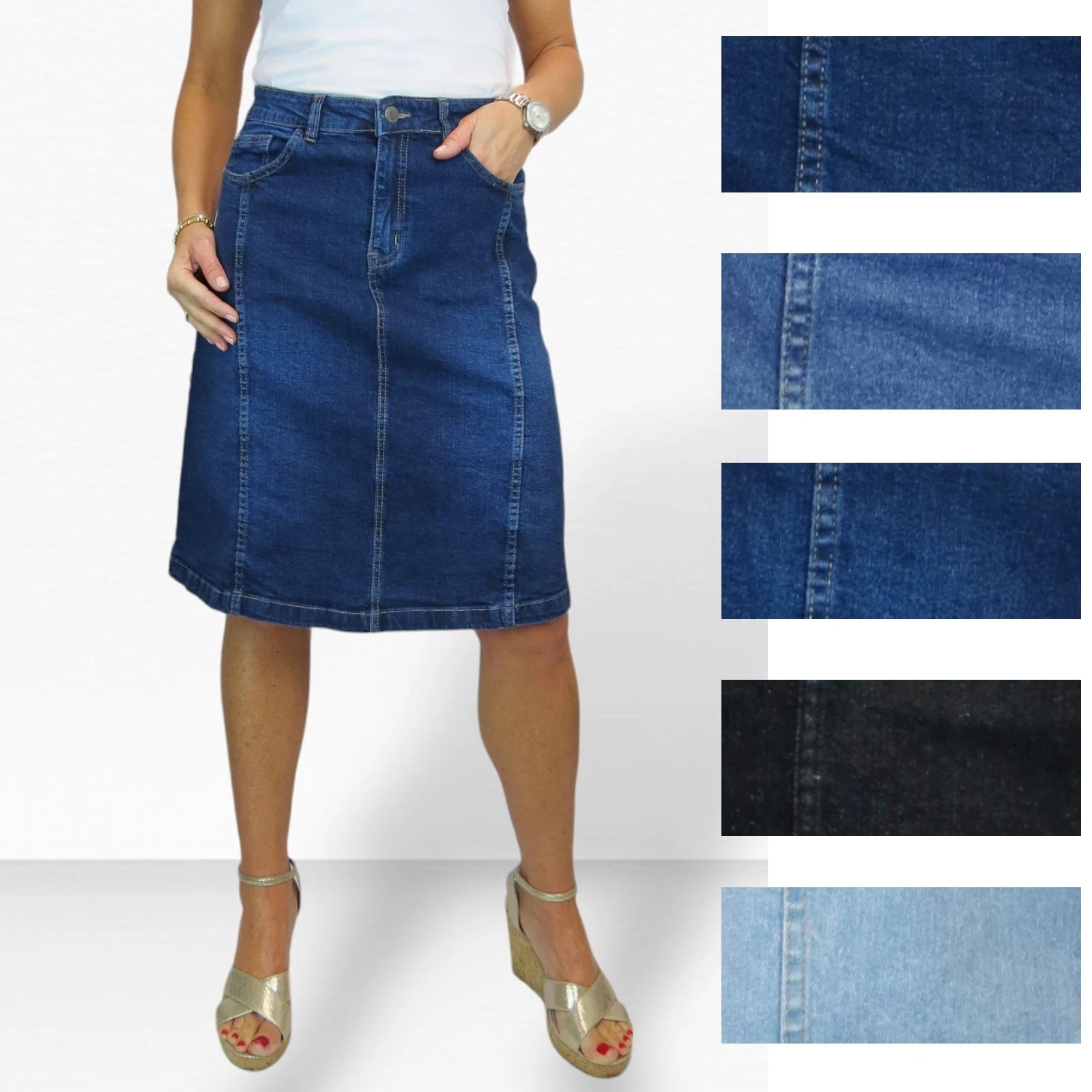 Ladies Stretch Denim A Line Jeans Skirt Knee Length Flared Pannel Skirt 10-22
Opens in a new window