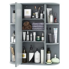 Costway Single Door Shelves Wall Mount Cabinet Bathroom Cabinet W/ Mirror Grey