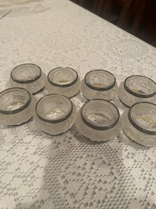 William Adams Frosted Rose Crystal Napkin Rings Silver plated Rims Set Of 8