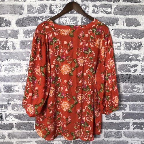 Rose Olive Blouse Womens 2X Floral Pleated Button Front 3/4 Sleeve Top Popover - Picture 2 of 14