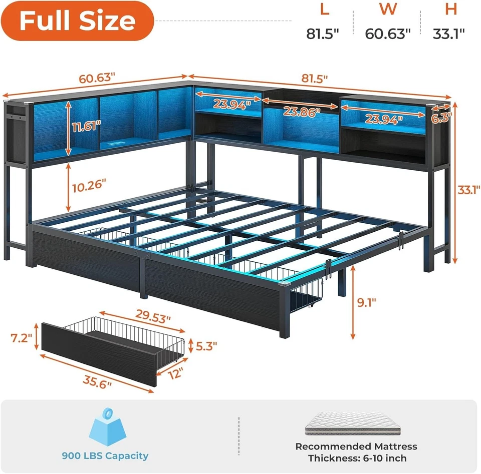 Marco de cama de esquina completo con estación de carga, luces LED, almacenamiento de estantería, cajones Foto 2 de 4