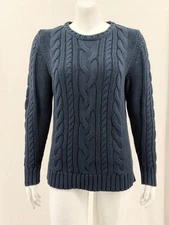 LL Bean Sweater Womens Large Petite Navy Cotton Cable Knit Crew Neck Fisherman