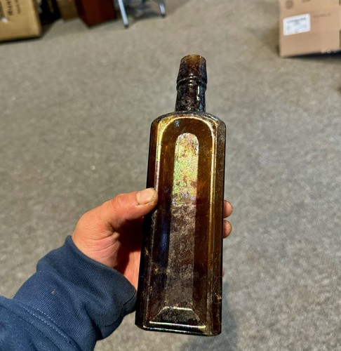 Nice Antique Pretty Amber Blown Square Bitters Bottle 1890s Era Dug Iridescence
