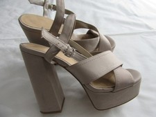 New Look - Size 5 - Beige Satin Strappy Platform (1") 4" Block Heel Shoes