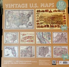 Vintage U.S. Maps 10 Puzzle Pack, Includes 2 X 1000 Piece Puzzles  8 X 500. New