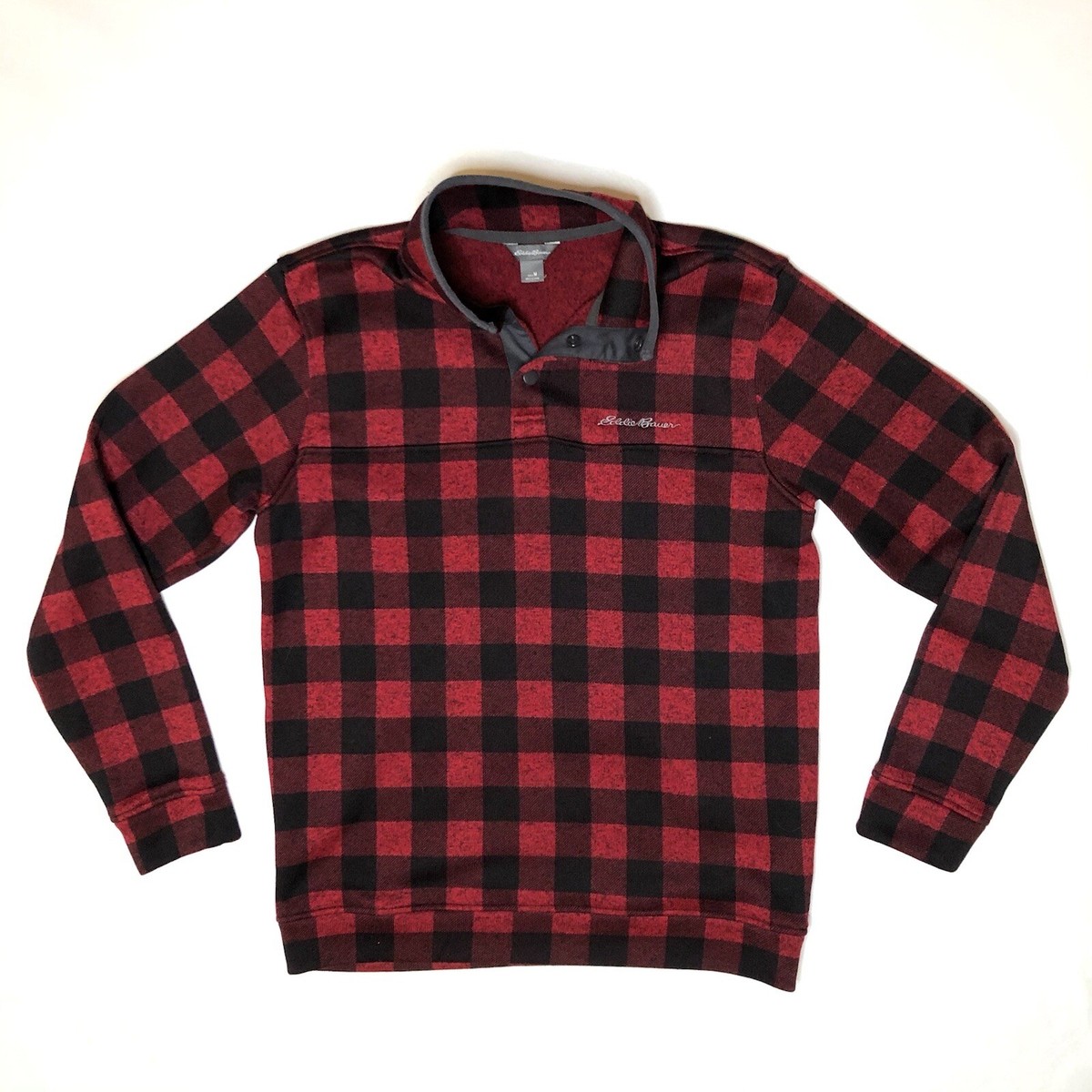 Eddie Bauer red black square Buffalo plaid quarter snap pullover