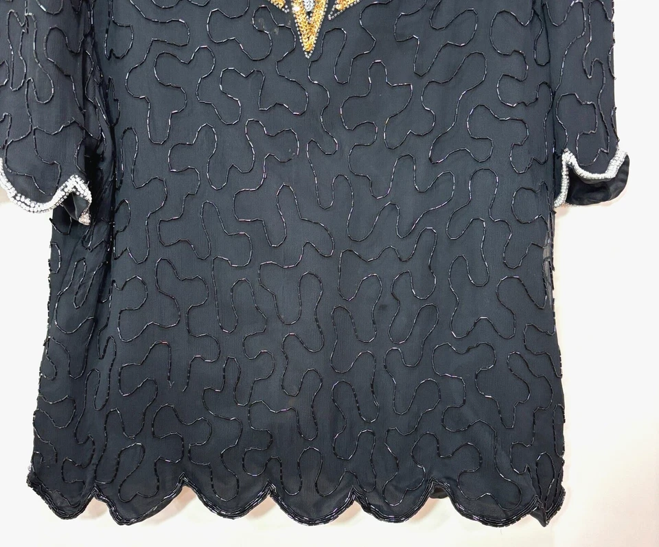 Top de lentejuelas con cuentas Denise Elle vintage para mujer 3X dorado negro años 80 boda motB Foto 4 de 4