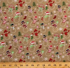 Cotton Christmas Snowmen Snowman Stockings Tan Fabric Print by the Yard D400.37