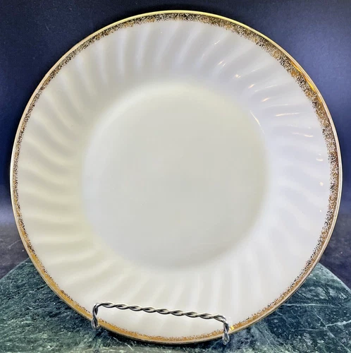 Anchor Hocking Fire King Oven Ware White Swirl Gold Trim 9 Inch Dinner Plate