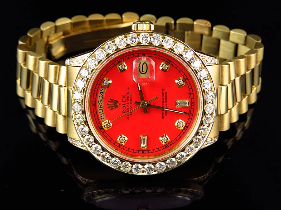 Mens 36 MM Rolex President 18038 18k Yellow Gold Day Date Red 6.5
