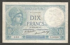France 10 Francs 22.4.1927; VF; P-73d; BNB-B953d; Minerva;  Caissier Principal 
