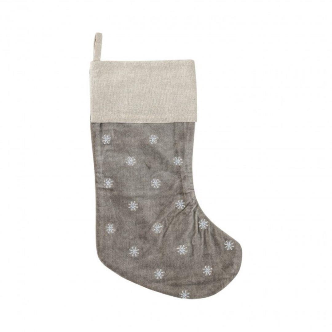 Grey Velvet Christmas Stocking Embroidered 48cm Star Detail Linen Top