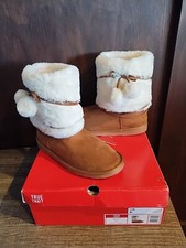 Pull On Snow Boots Chestnut Brown Size 5 Youth Girls Fur trim Vegan Pom Poms