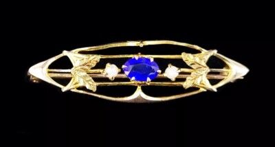 Antique Edwardian 10k Gold Ostby Barton Blue Paste Pearl Bar Pin Brooch 1.5 