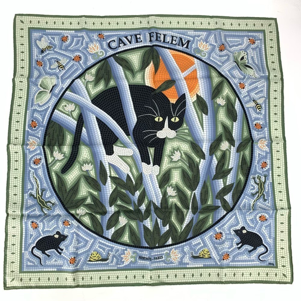 Hermes Scarf CAVE FELEM 90 cm Silk blue Carre cat 35