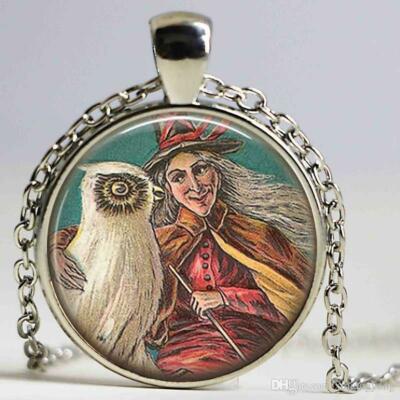 OLD WITCH OWL crystal pendant Sterling 925 Silver plated 20'' necklace gold Gift 