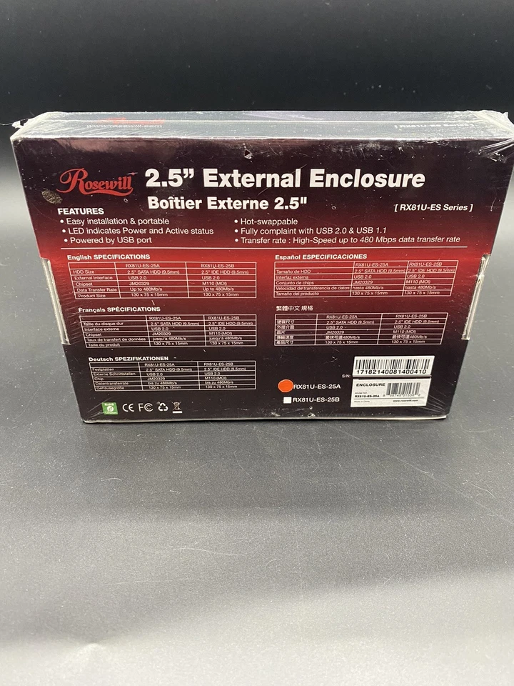 ROSEWILL RX81U-ES-25B 2.5" IDE PATA to USB 2.0 EXTERNAL ENCLOSURE BLACK NEW - Image 3 of 4