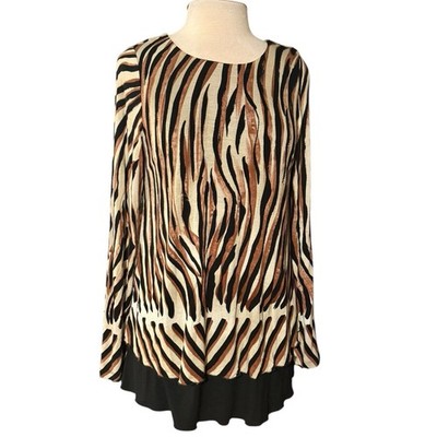 Dor Dor Couture L Animal Print Tunic Top Zebra Brown Black Layered Hem Chic Boho