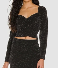 1 State Wrap Metallic Whimsigoth Cropped Square Neck Surplice Top Womens L Black