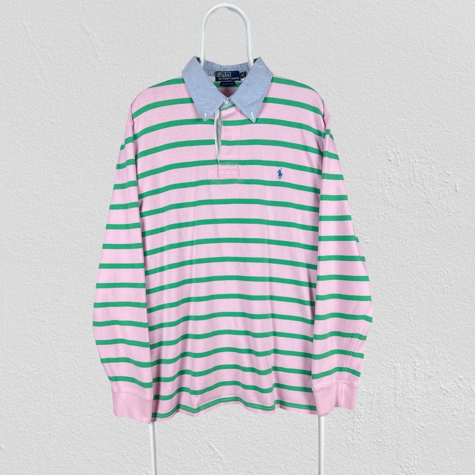 Vintage Polo Ralph Lauren Pink Striped Rugby Polo Shirt Long Sleeve Mens XL