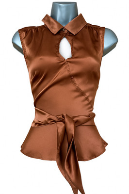 Karen Millen UK 10 Chic Bronze Silky Satin Sleeveless Collared Wrap Blouse Top