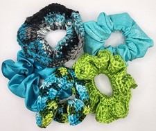 Handmade Scrunchie Set Lot of 5 Crochet Fabric Hair Ties Green Turquoise Black