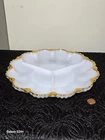 Vintage Fire King by Anchor Hocking Three Division Milk Glass Gold Trim Platter