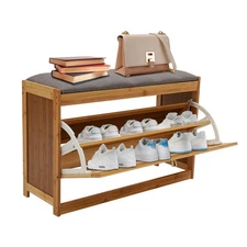 2-Tier Entryway Bamboo Shoe Bench with Seat Cushion Shoes Rack Organizer Cabinet