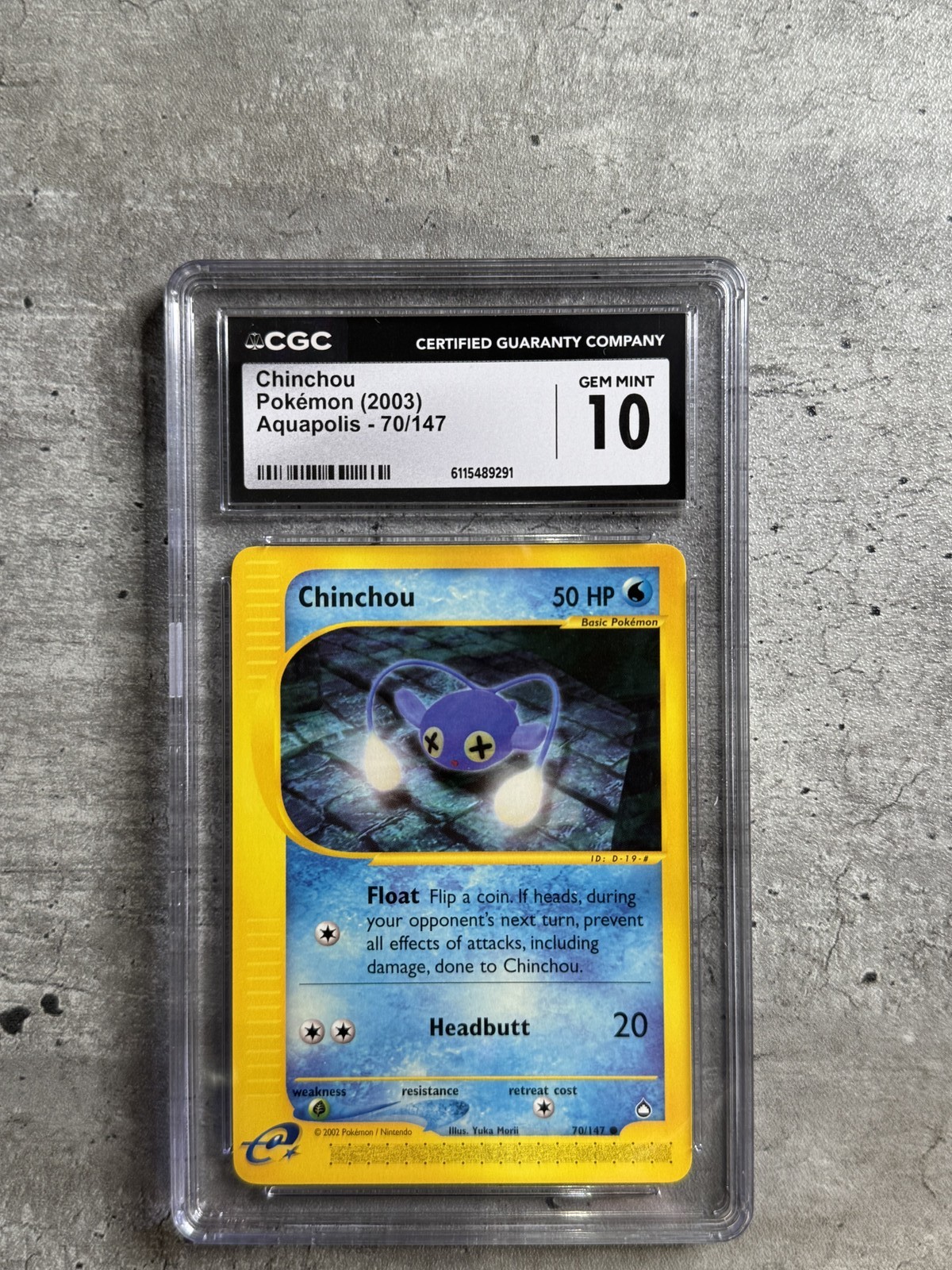 Pokemon Card Chinchou CGC 10 Gem, e-Reader Aquapolis 70/147, WOTC 2003