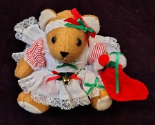 Vintage Miniatures 8" Jointed Teddy Bear Christmas Plush Candy Cane Dress