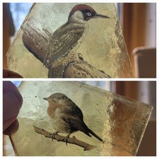 2 bird stained glass pieces window Woodpecker Robin
