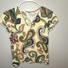 Paisley Ruffle Sleeve Multicolor Cotton V-Neck Blouse - Regular Fit Short Sleeve